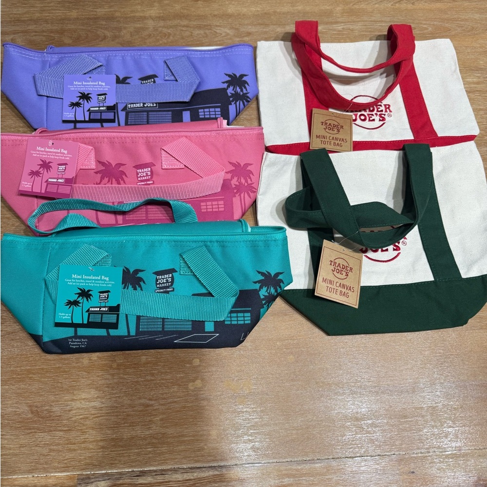 Trader Joe’s Pink, Purple and Teal lunch bag and 2 Canvas Bags with Wide Straps